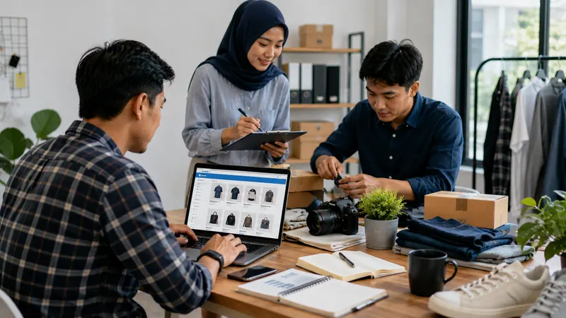 Tim menyiapkan konten produk untuk website toko online