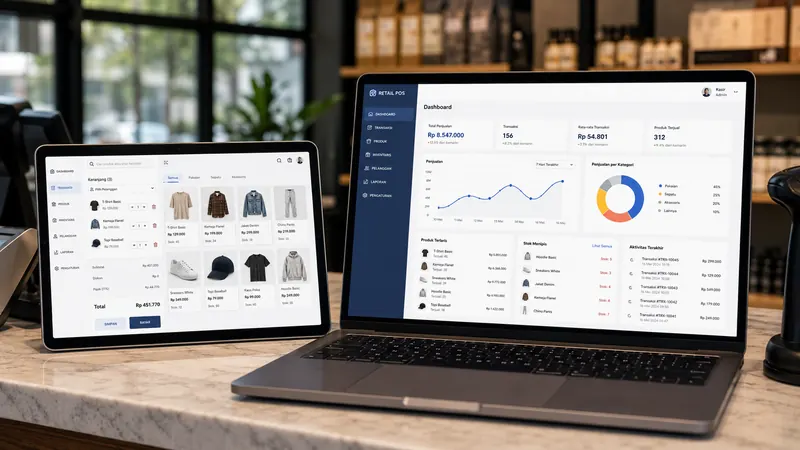Contoh web app POS retail dengan dashboard stok dan penjualan